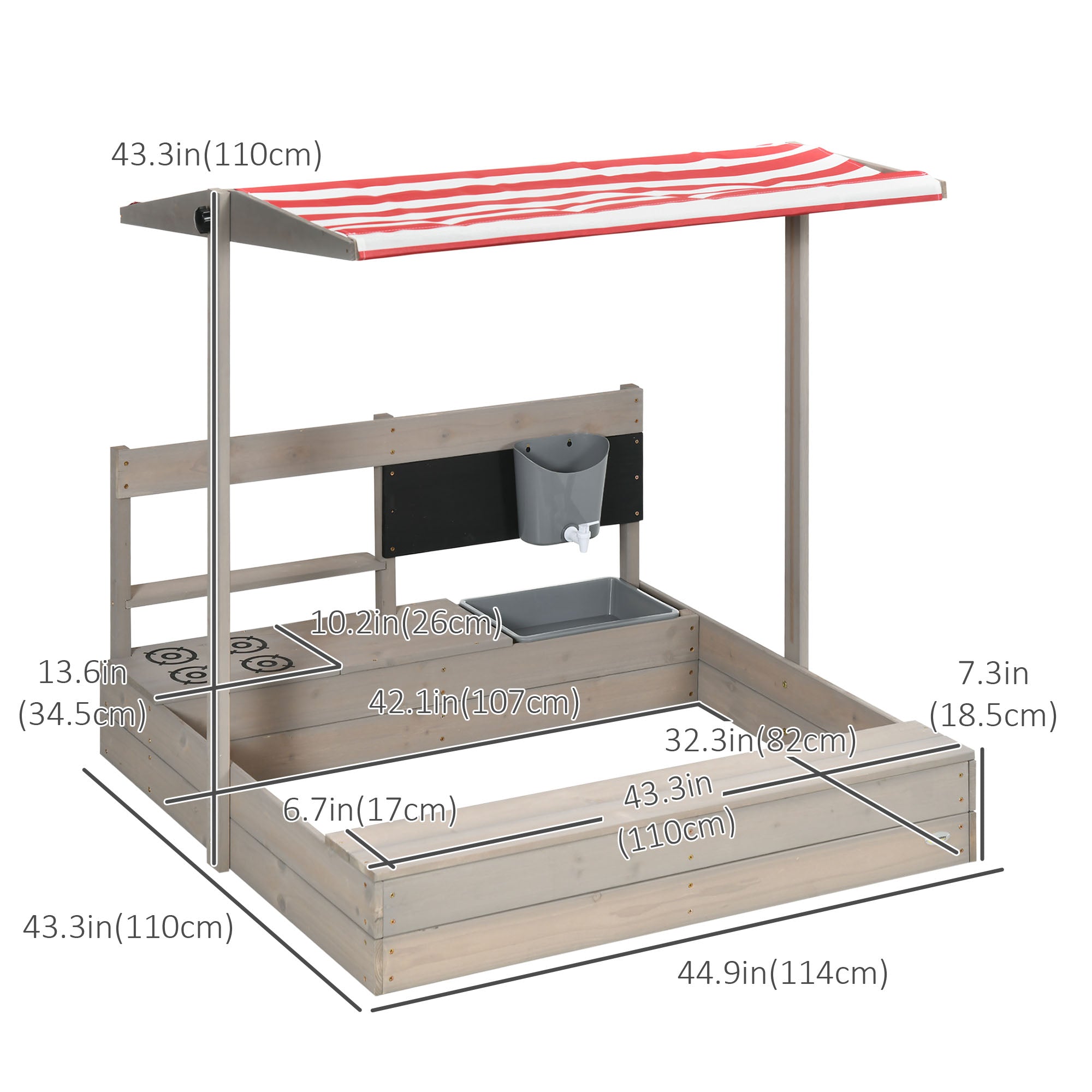 Outsunny Kids Sandbox with Canopy Wooden Sandpit Adjustable Cover Kitchen Toys Seats Storage for Ages 3-7 45x43 inch 