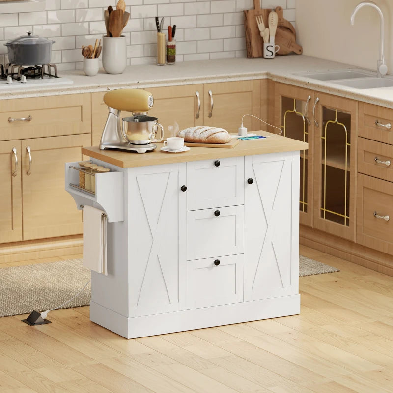 Farmhouse Kitchen Island Cart with Power Outlet and Soft-Close Doors, 49" Kitchen Island with 3 Drawers, White