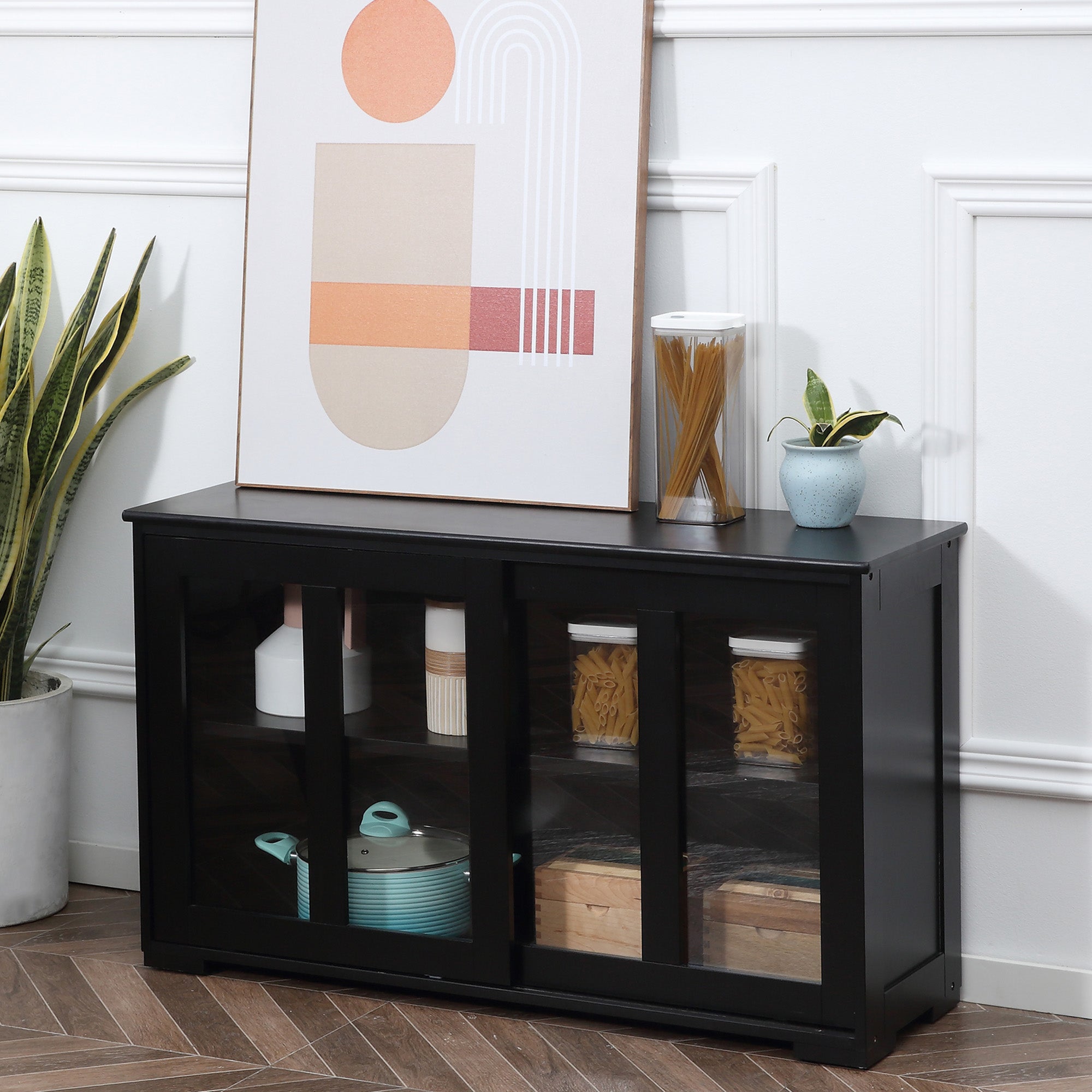 HOMCOM Black Stackable Bar Cabinet: Modern Kitchen Sideboard, Sliding Glass Door Console, Cupboard Serving Buffet 