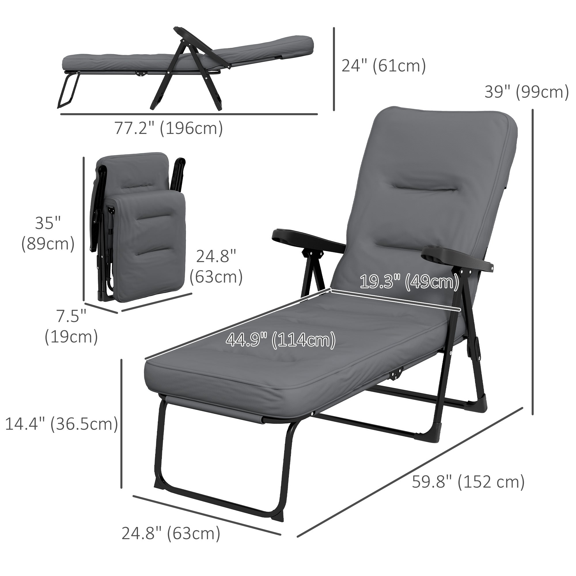 Outsunny Padded Outdoor Lounge Chair Folding Recliner with Adjustable Back Footrest Cushioned Light Grey 