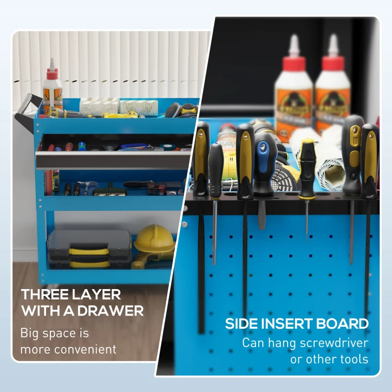 Tool Cart on Wheels, Utility Cart with Wheels, Ball Bearing Drawer, Storage Trays for Garage, Warehouse, Workshop, Blue