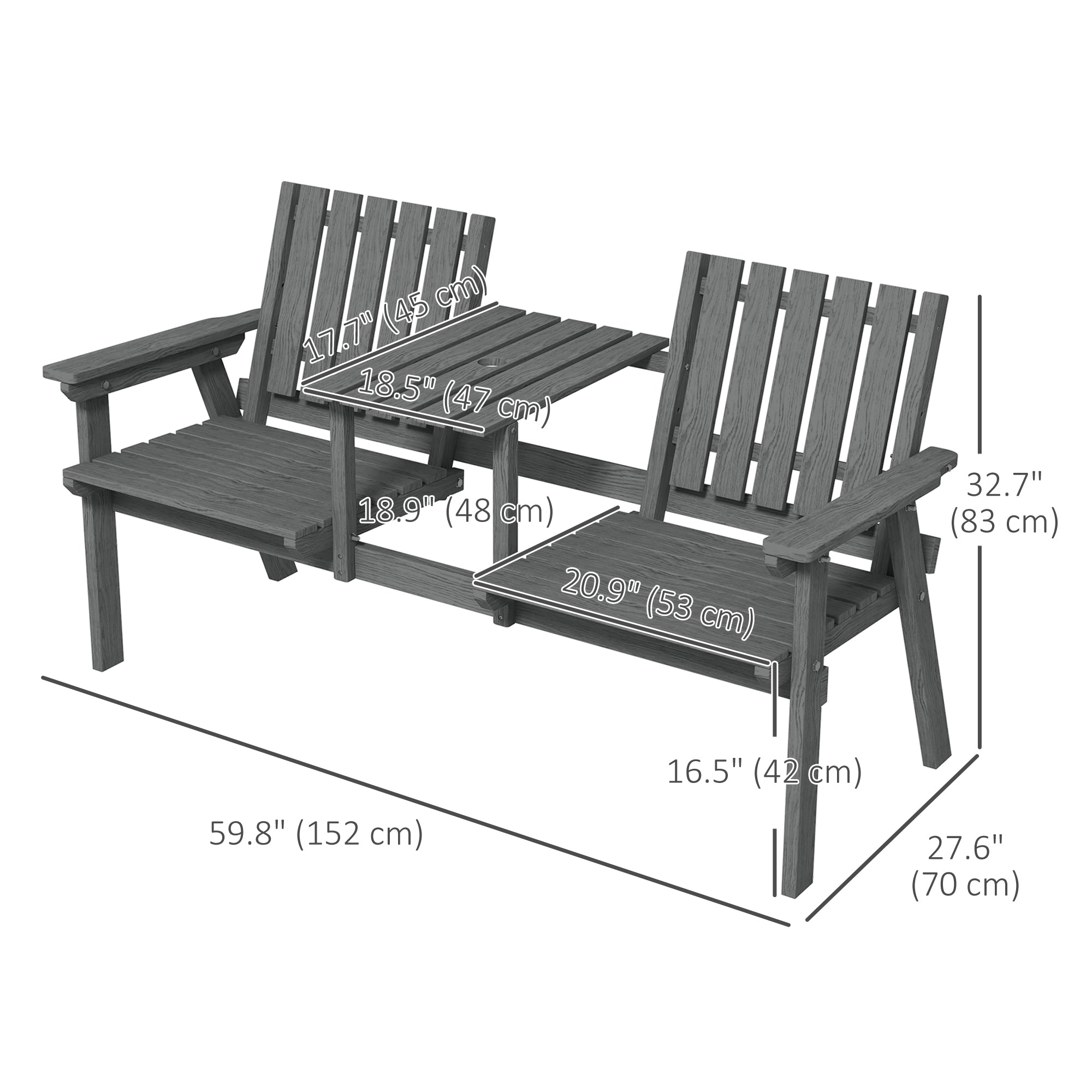 Outsunny Garden Bench for 2 Persons with Middle Table and Umbrella Hole, 2-Seater Outdoor Wooden Bench with Slat Design, Grey 
