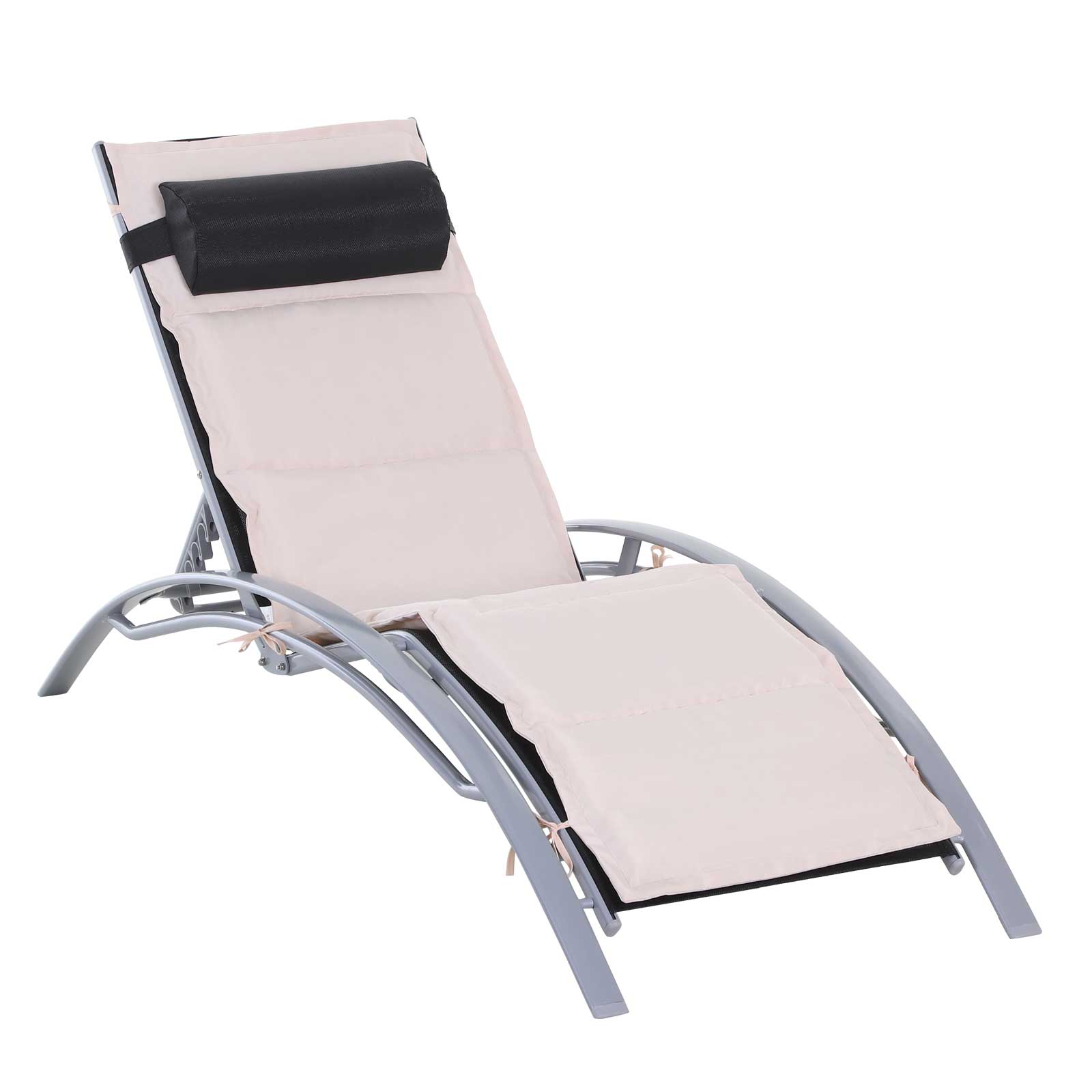 Outsunny Reclining Patio Lounge Chair Beige with Cushion and Padded Pillow Adjustable Outdoor Chaise 