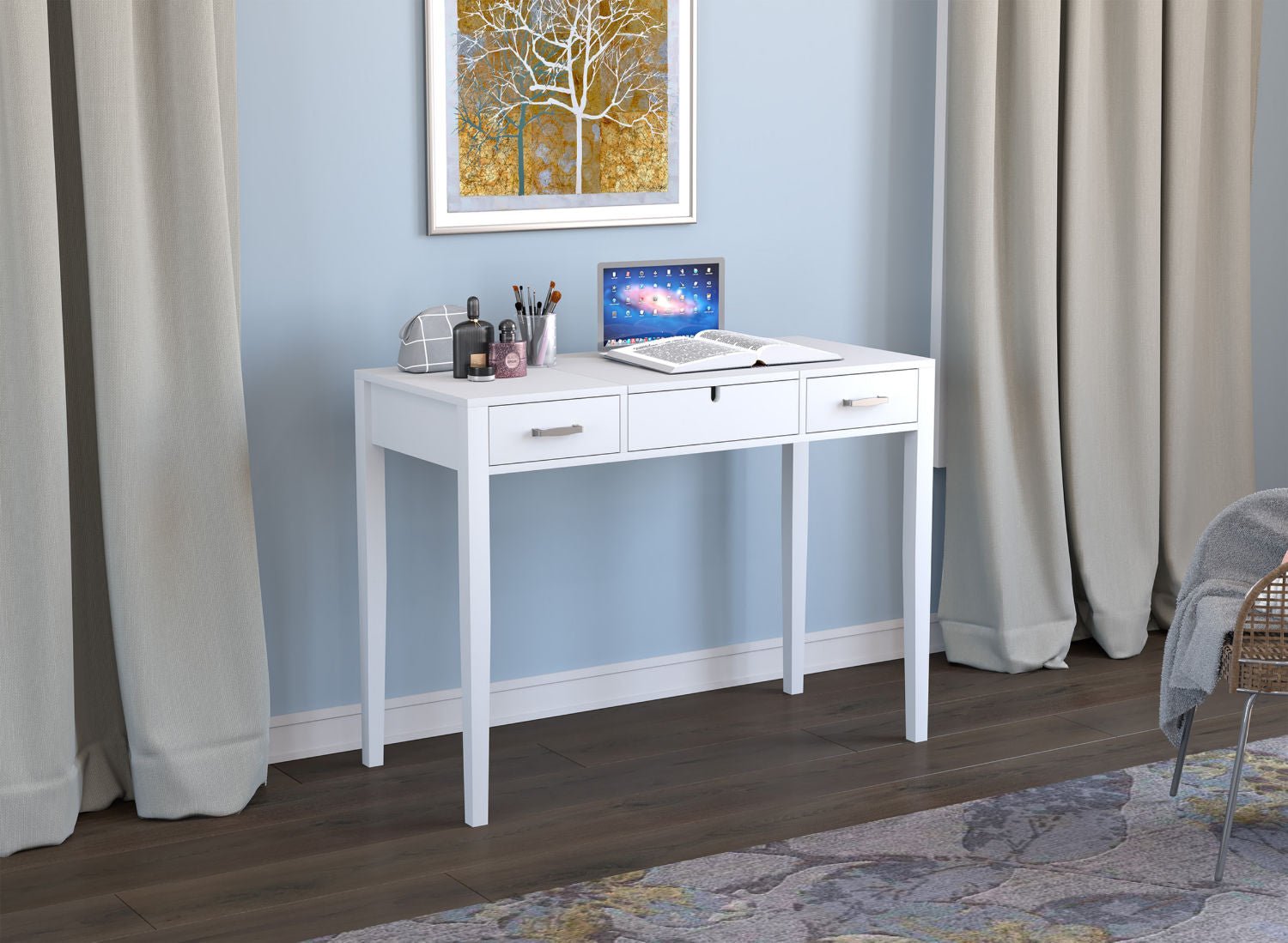 Vanity White 2 Drawers 1 Foldable Mirror 
