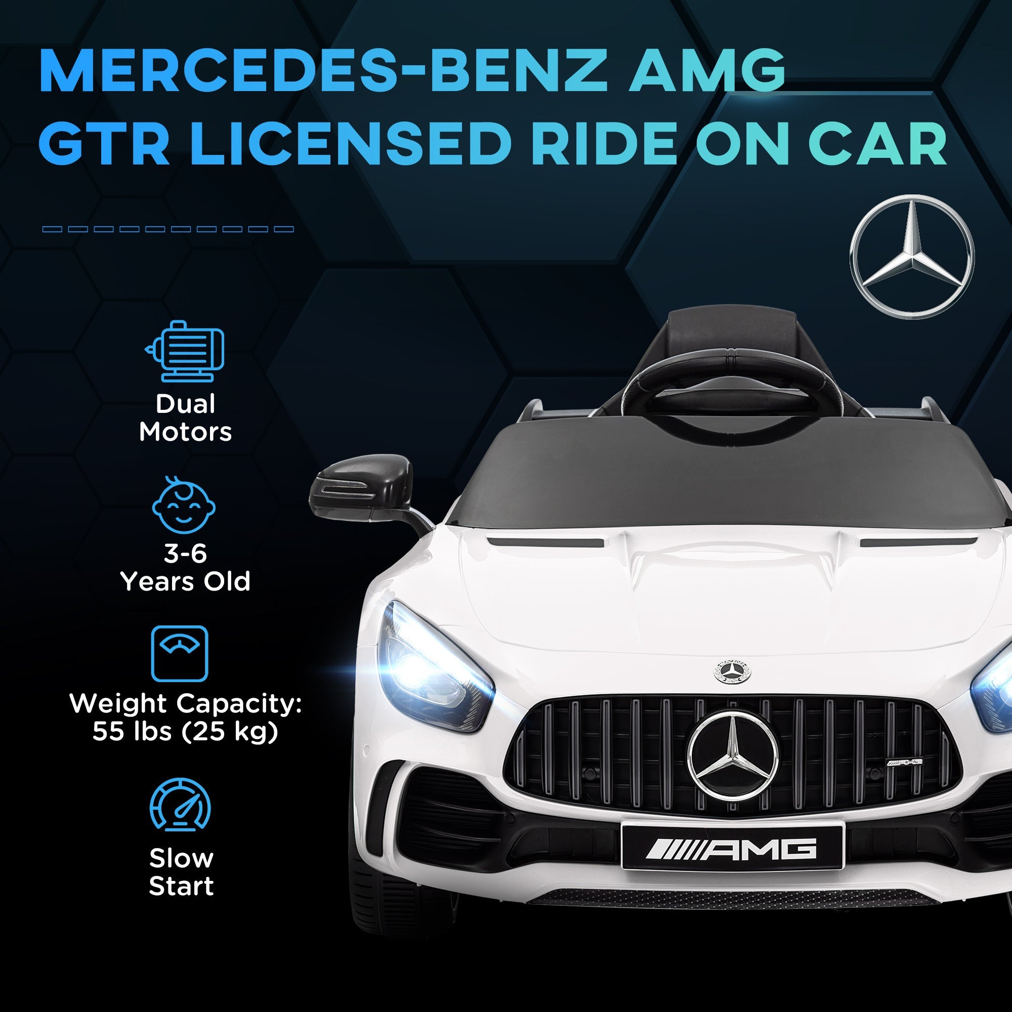 Qaba Mercedes-Benz AMG GTR Licensed 12V Battery Powered Kids Electric Car w/ Remote, Soft Start, Lights, Music Horn White 
