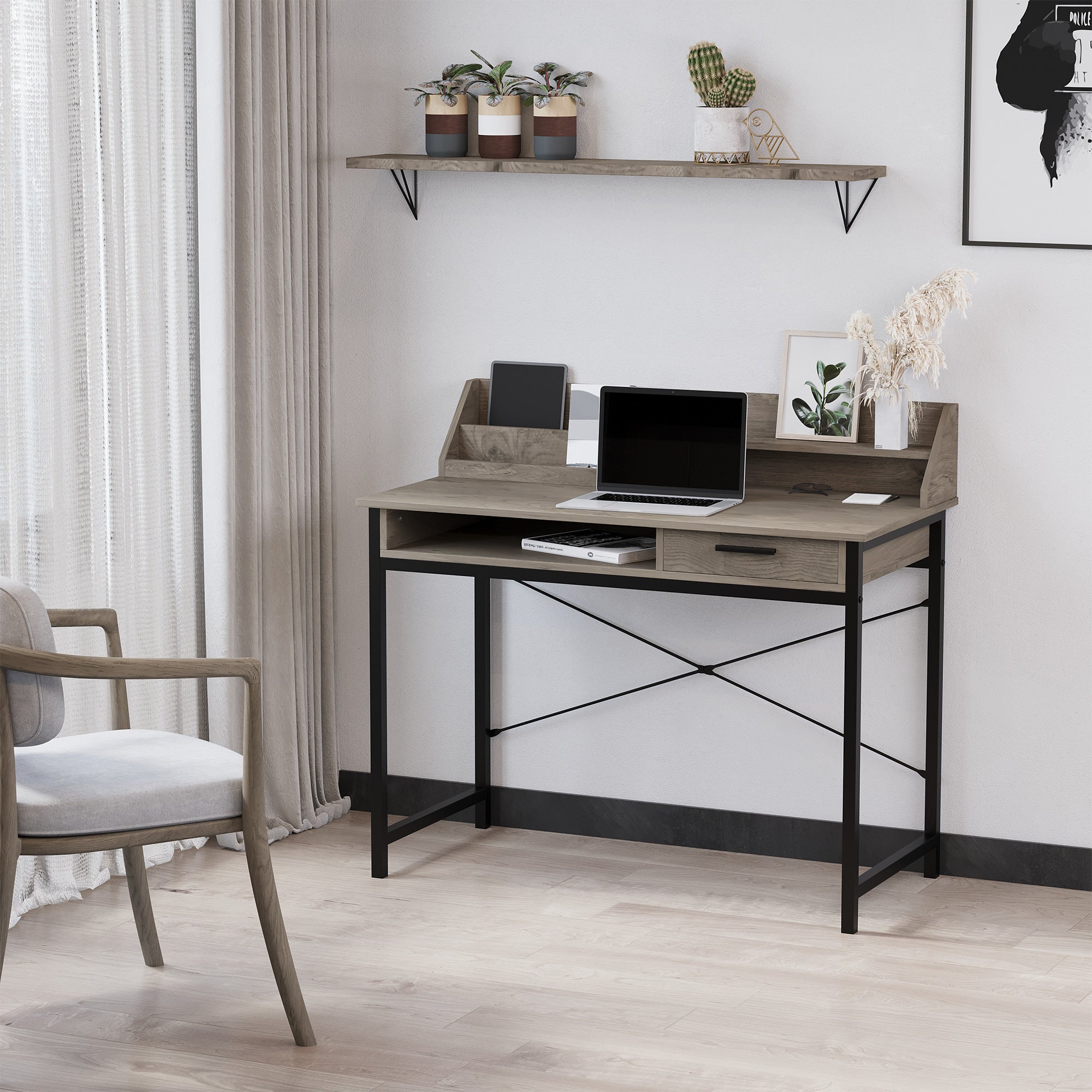 HOMCOM Grey Industrial Computer Desk with Drawer & Open Shelves - Stylish Writing Table with Hutch for Home Office 