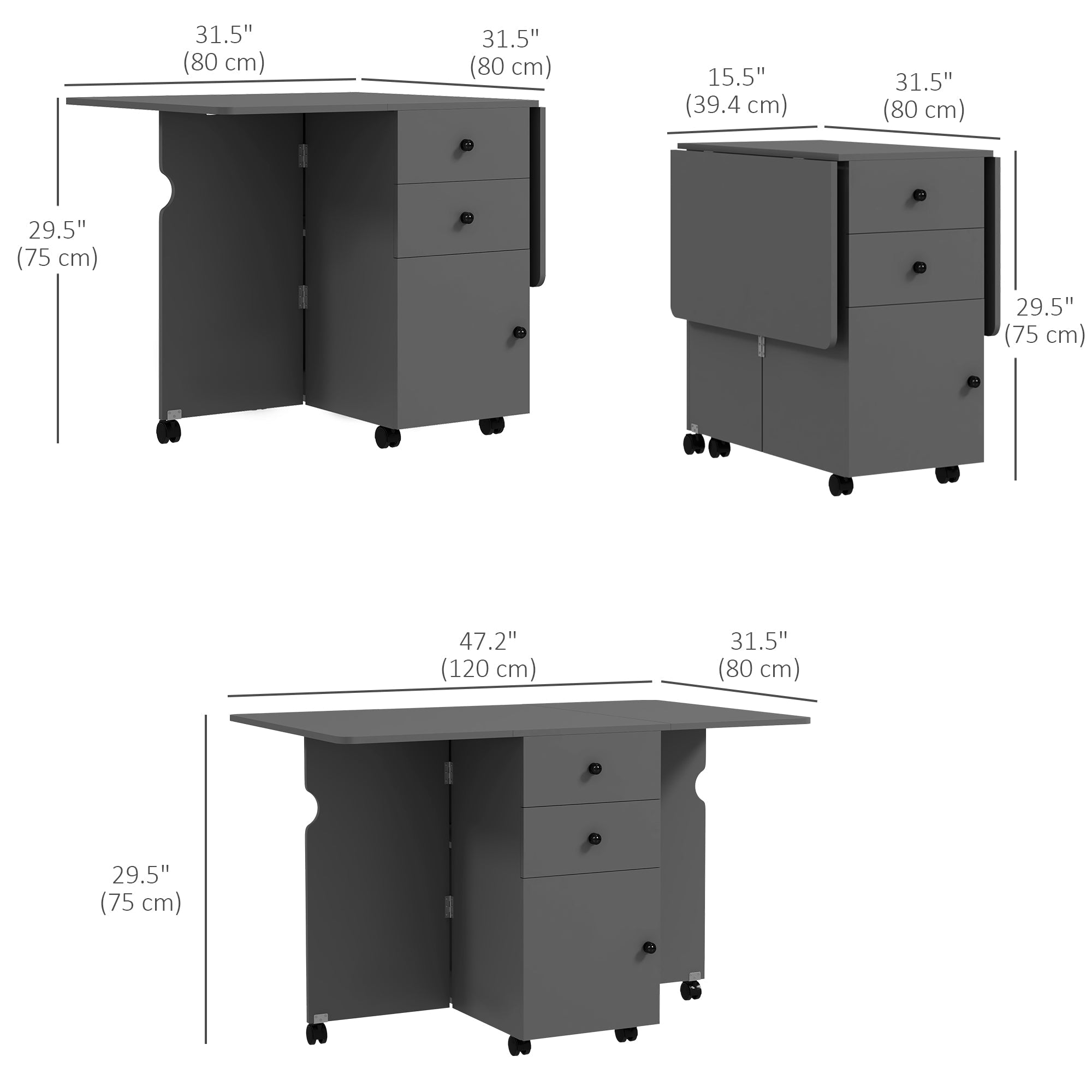 HOMCOM Extendable Drop Leaf Dining Table 2 Drawers Cabinet 6 Wheels Small Spaces Kitchen Grey 