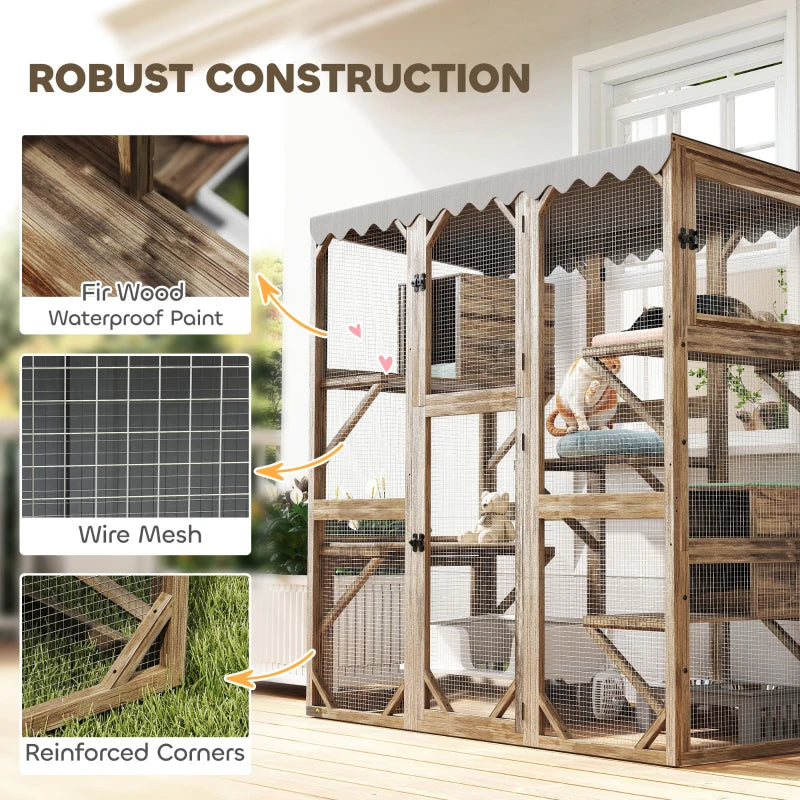 Wooden Catio Outdoor with Window Access, Waterproof Cover, Relaxing Condo, 5 Platforms, Doors, 59" x 28" x 59", Brown