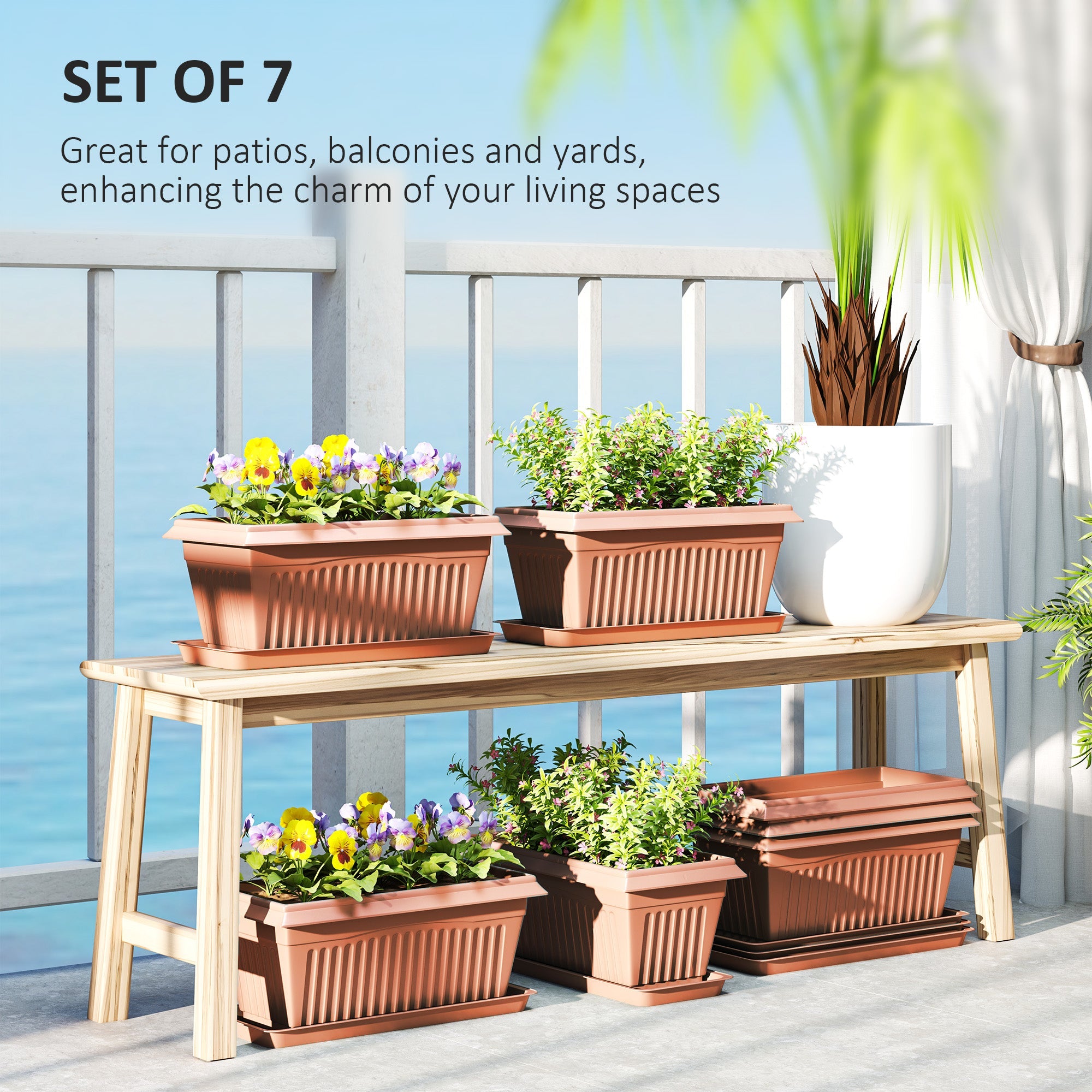 Outsunny 7 Pack 15.7" Plastic Flower Planters with Drainage Holes and Trays, Plant Pots for Indoor Outdoor Plants, Brown 