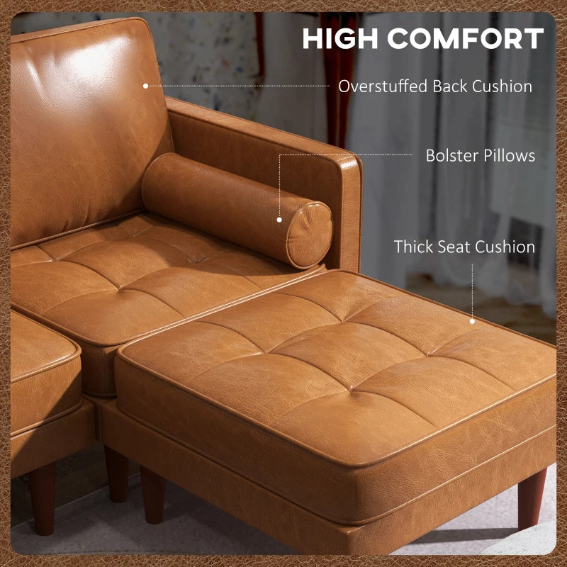 Faux Leather Sectional Sofa Couch L-Shaped Corner Sofa Set with Footstool and 2 Bolster Pillows, Brown