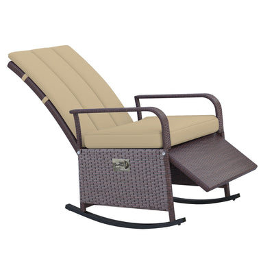 Outsunny Wicker Rocking Chair Outdoor Patio PE Rattan Recliner with Cushion Adjustable Footrest Khaki 
