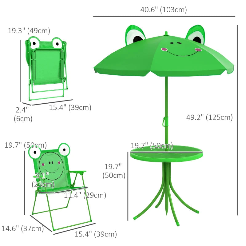 Kids Folding Picnic Table and Chair Set Pattern Outdoor Garden Patio Backyard with Removable & Height Adjustable Sun Umbrella Green