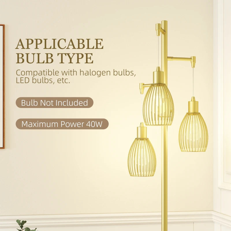 Industrial Floor Lamp with 3 Hanging Wire Lampshades, Dimmable Standing Lamp for Living Room, Gold