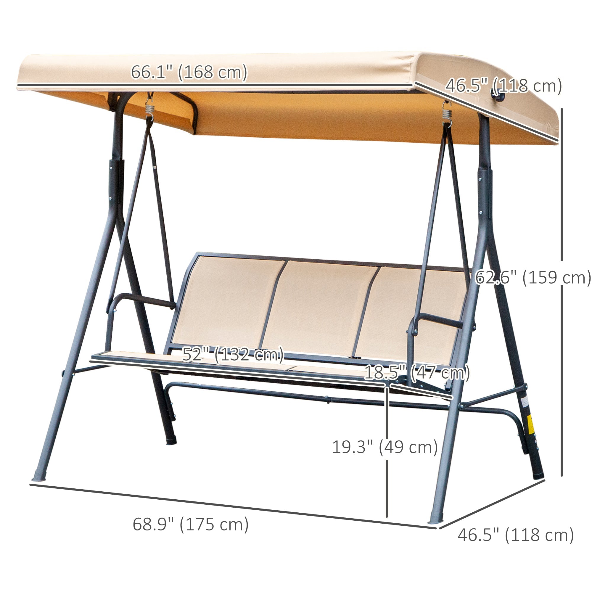 Outsunny 3-Seater Swing Chair Covered Garden Hammock A-Frame Outdoor Porch Glider Sling Seat with Adjustable Canopy Cover, Beige 