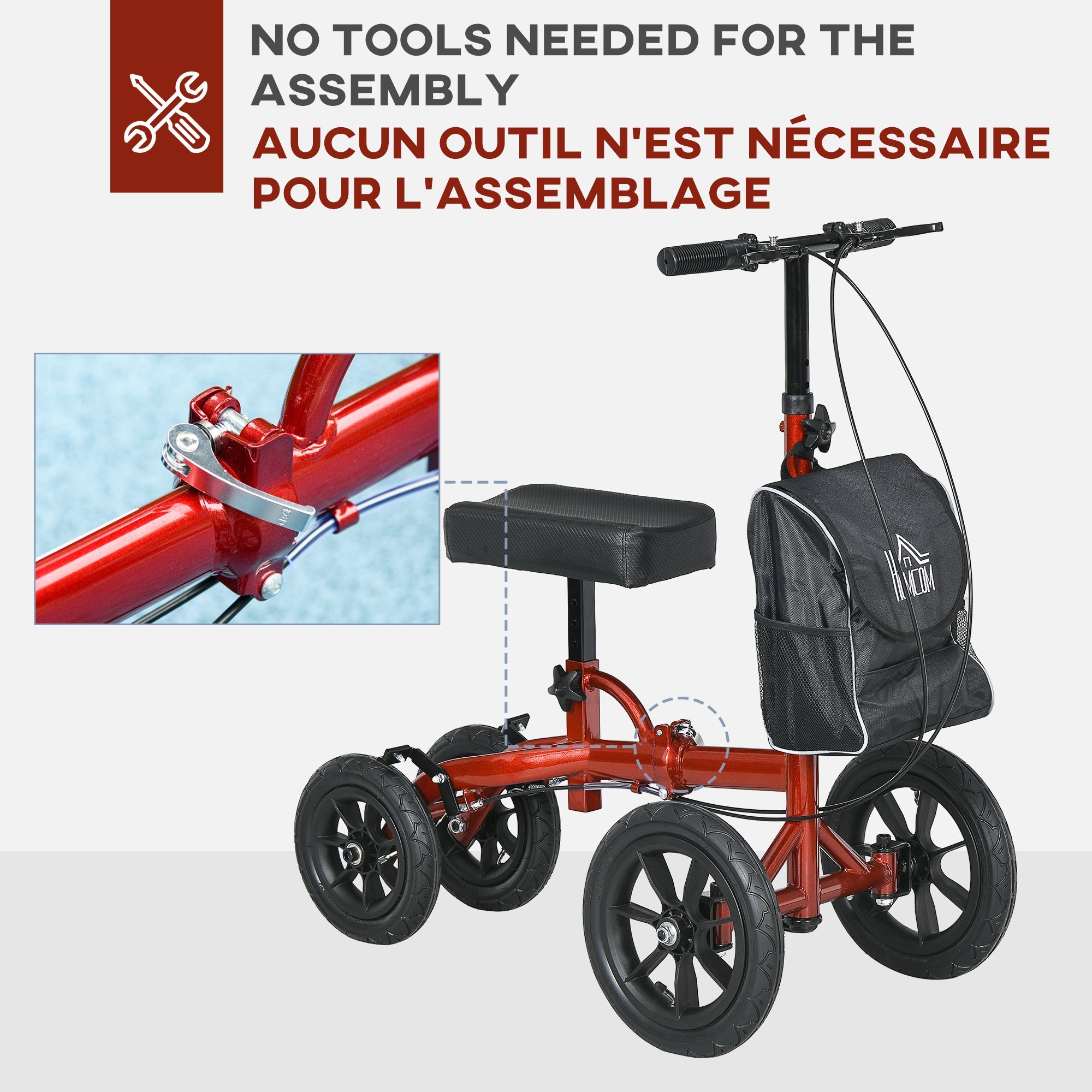 HOMCOM Adjustable Steerable Knee Walker, Foldable Knee Scooter with Rubber Wheels, Dual Brake, Crutch Alternative, Red 