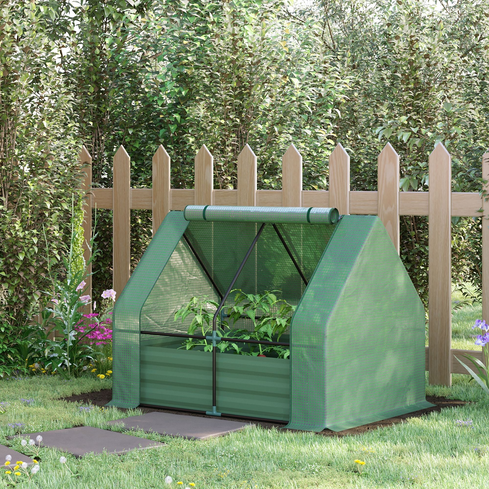 Outsunny Steel Outdoor Raised Garden Bed with Greenhouse,Cover, Roll Up Door, Dual Use, 50"x37.4"x36.2", Green 