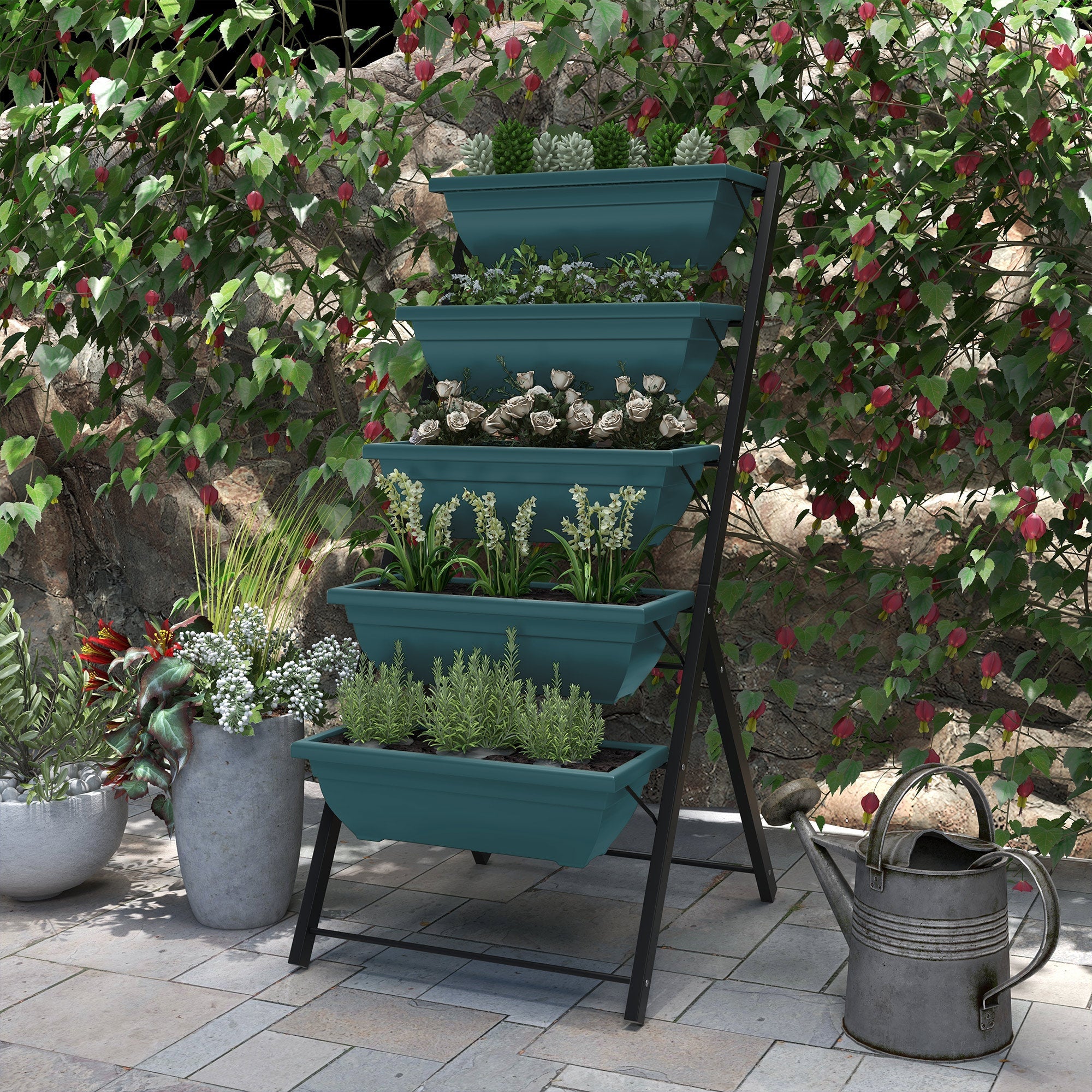 Outsunny 5-Tier Raised Garden Bed with 5 Planter Box, Outdoor Plant Stand Grow Containers with Leaking Holes, Green 