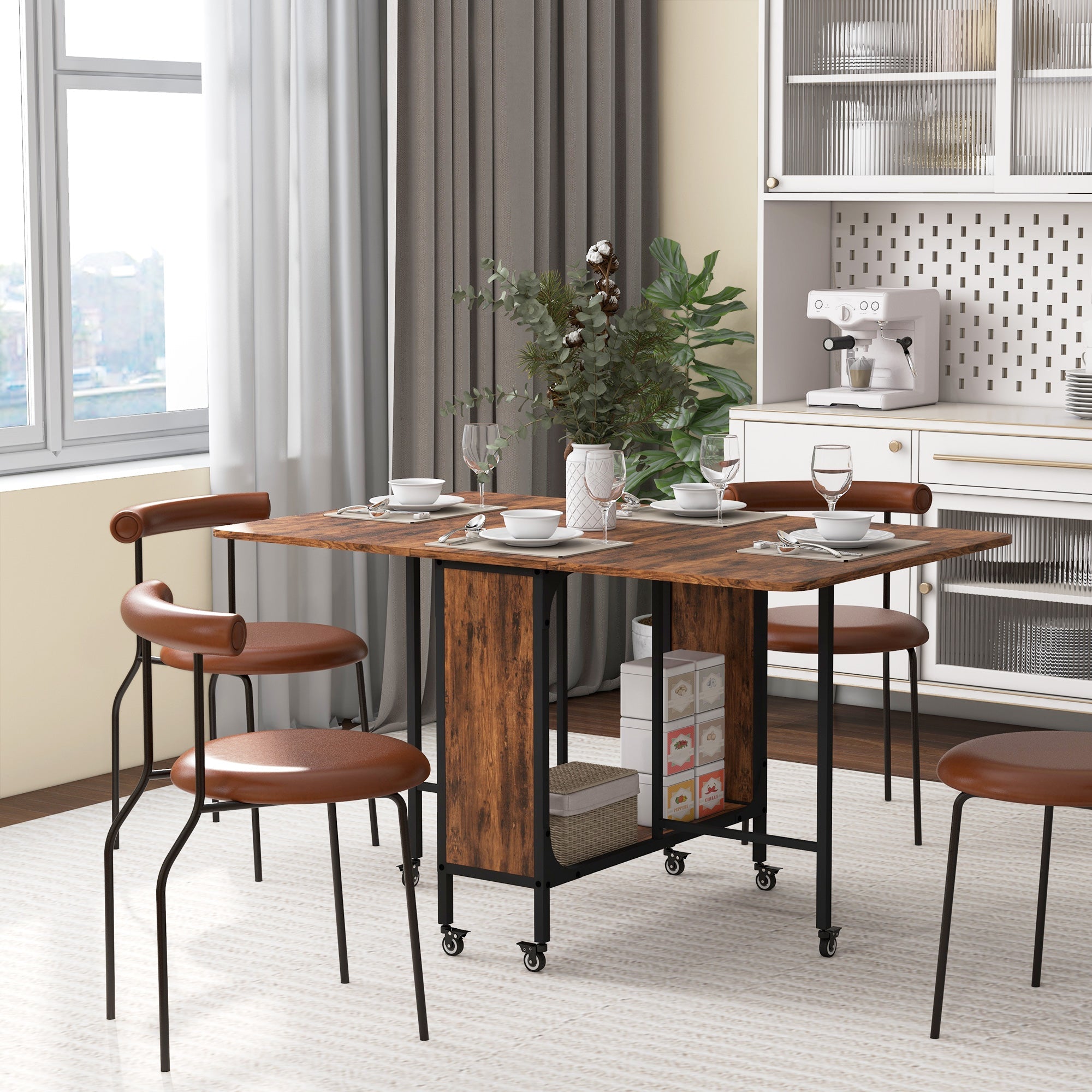 HOMCOM Folding Dining Table, Extendable Kitchen Table for Small Spaces with Storage Shelf and 6 Wheels, Rustic Brown 