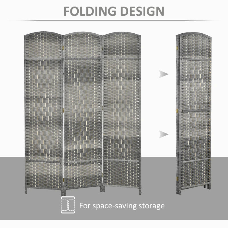 6 Ft Tall Folding Room Divider, 3 Panel Portable Privacy Screen, Hand-Woven Partition Wall Divider, Mixed Grey