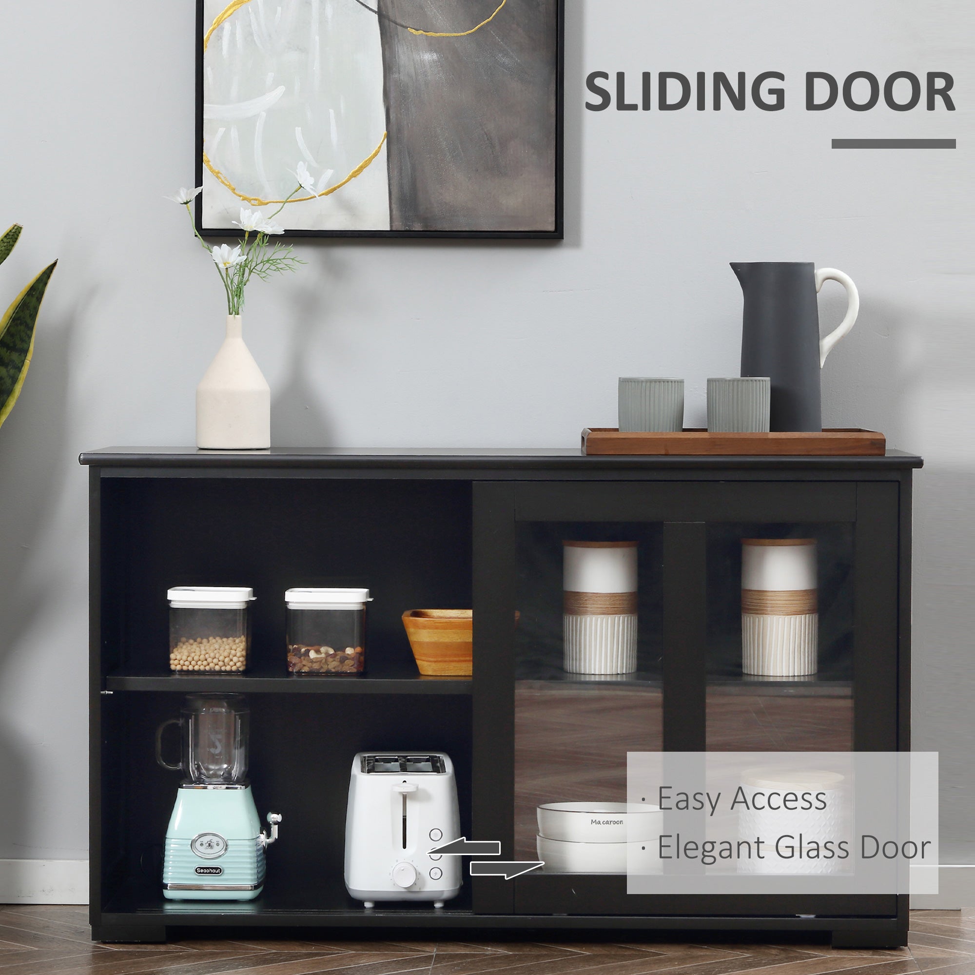 HOMCOM Black Stackable Bar Cabinet: Modern Kitchen Sideboard, Sliding Glass Door Console, Cupboard Serving Buffet 