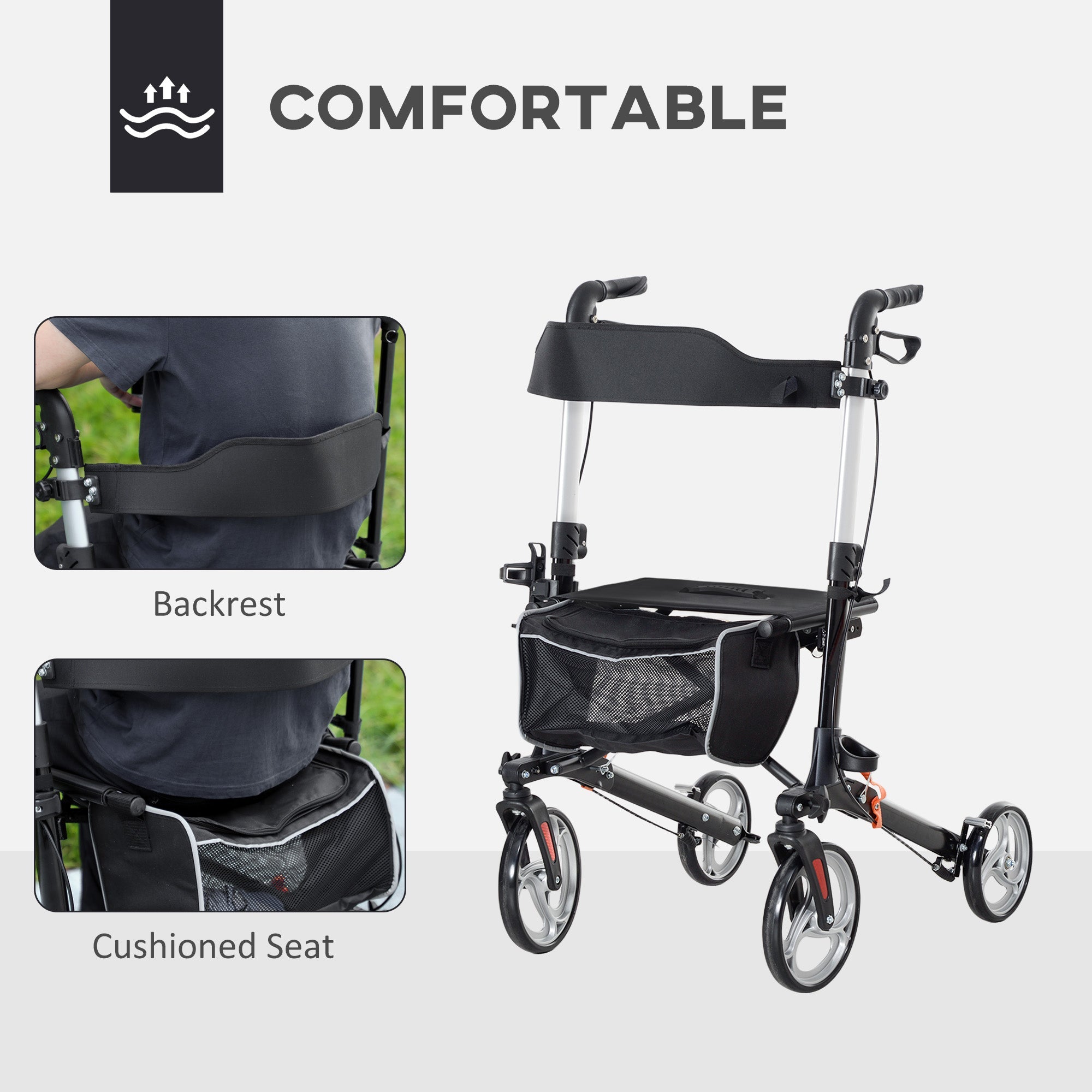 HOMCOM Lightweight Folding Rolling Walker with Large Seat, Back, Adjustable Handle, Bag, Dual Brake, Cane Holder, Black 