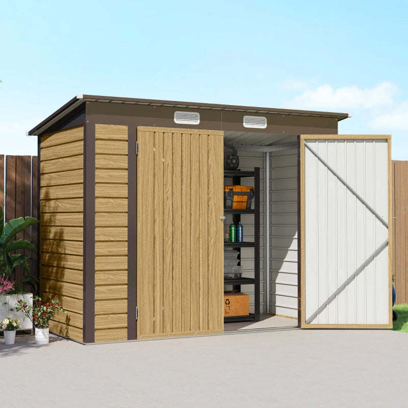 8 x 4FT Galvanized Garden Storage Shed, Metal Outdoor Shed with Double Doors and 2 Vents, Oak