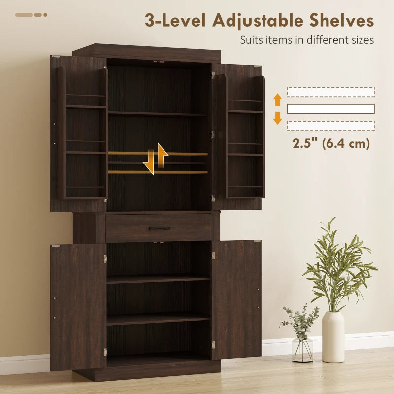 72" Kitchen Pantry Cabinet, Farmhouse Kitchen Storage Cabinet with 4 Barn Doors, 6 Door Shelves, Drawer, Brown