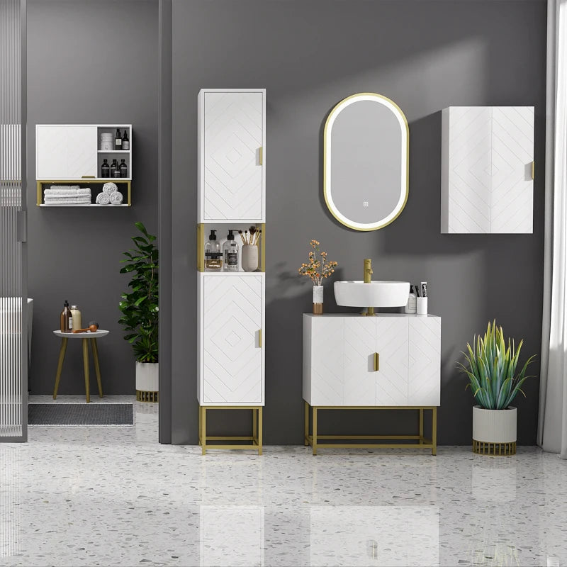 Tall Bathroom Storage Cabinet, Modern Narrow Bathroom Cabinet with Diamond Chevron Pattern and Adjustable Shelf, White