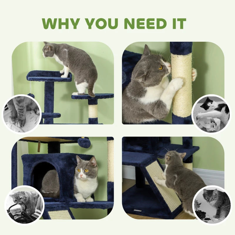 54" Cat Tree, Multi-Level Cat Tower with Scratching Posts, Cat Condos, Bed, Platforms, Ramp, Toy Ball, Dark Blue
