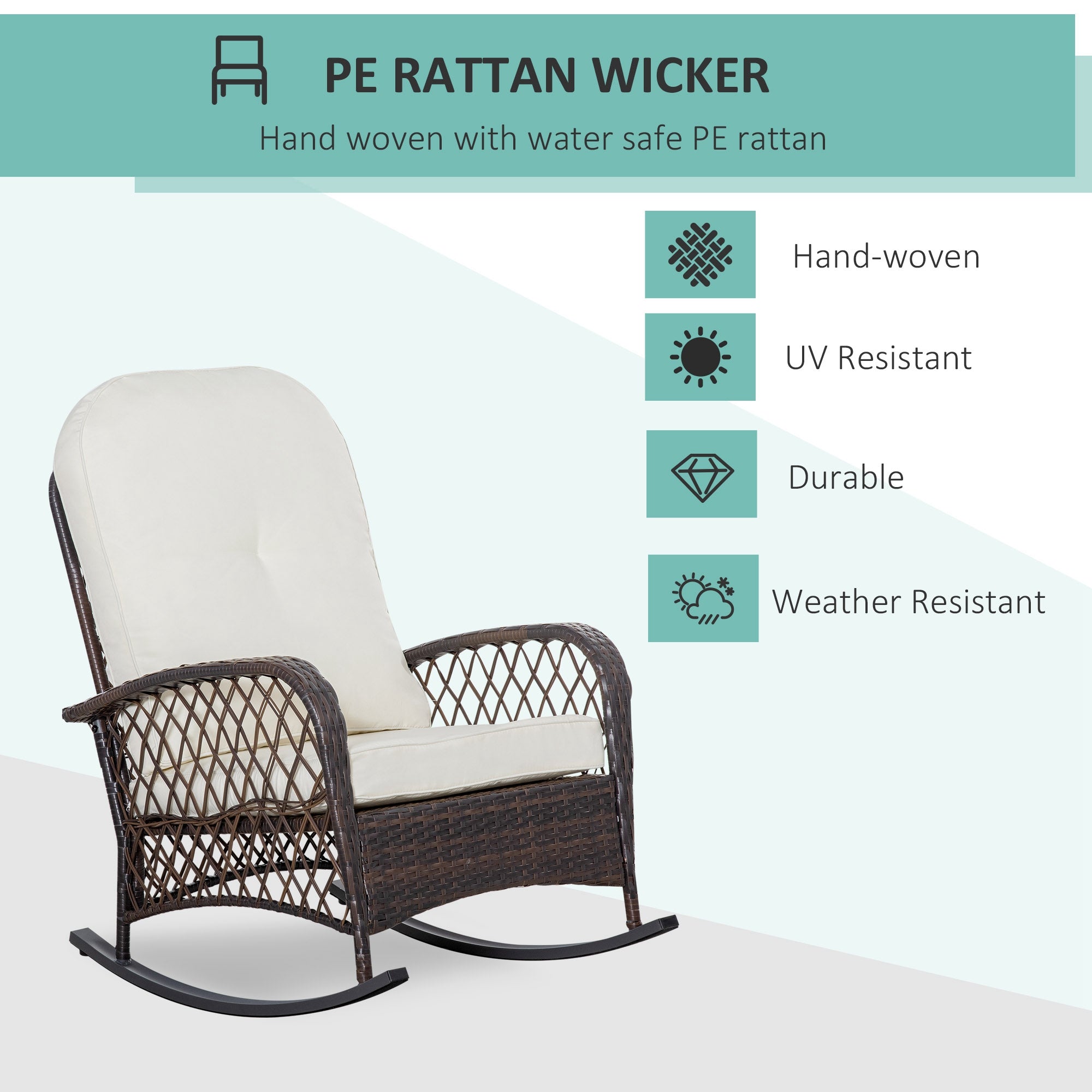 Outsunny Rattan Rocking Chair Outdoor Wicker Glider PE Rattan, Patio Recliner Rocker Chair Furniture with Soft Cushion 