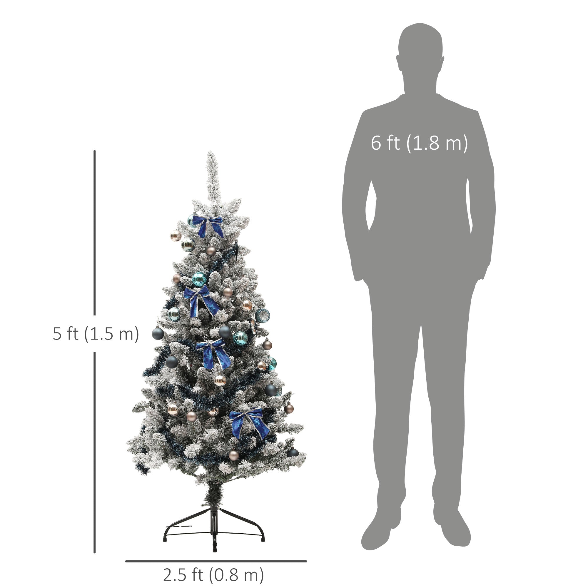 HOMCOM 5ft Prelit Artificial Christmas Tree with Blue Ornaments, Flocked Christmas Tree with LED Lights for Holiday 
