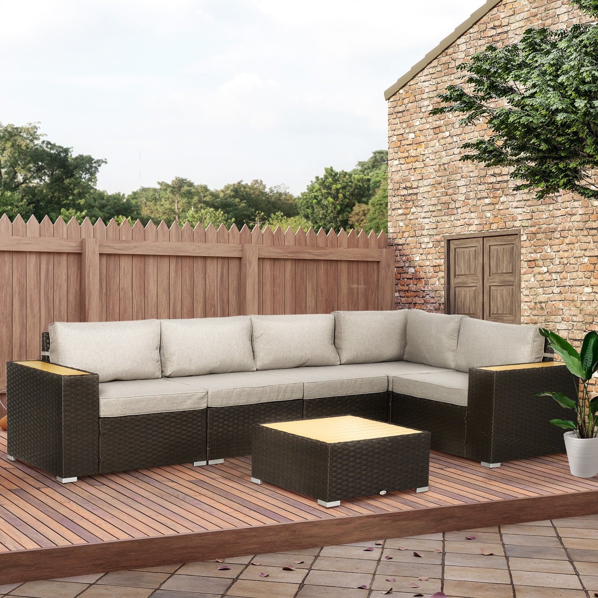 Outsunny 6-Piece Brown Rattan Outdoor Patio Furniture Set, Corner Sofa with Wood-Plastic Coffee Table, Cushions 