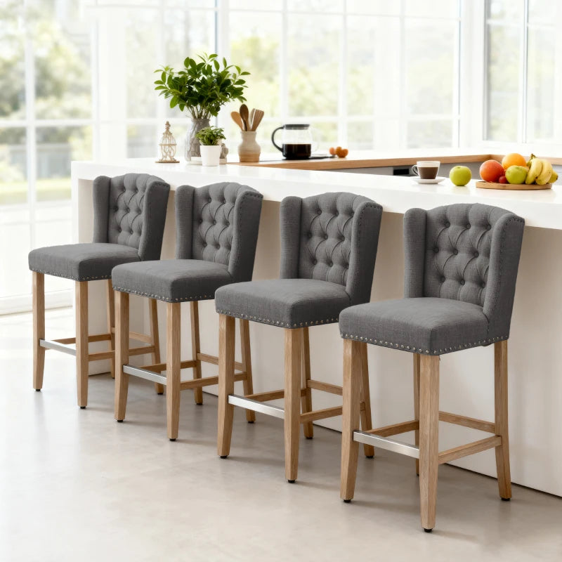 Counter Height Bar Stools Set of 2, Upholstered Bar Chairs with Nailhead Backrest and Footrest, Charcoal Grey