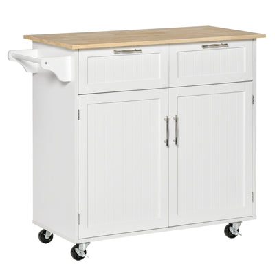 HOMCOM White Mobile Kitchen Island: Rubber Wood Top Cart with Storage Drawers, Cabinet & Towel Rack 