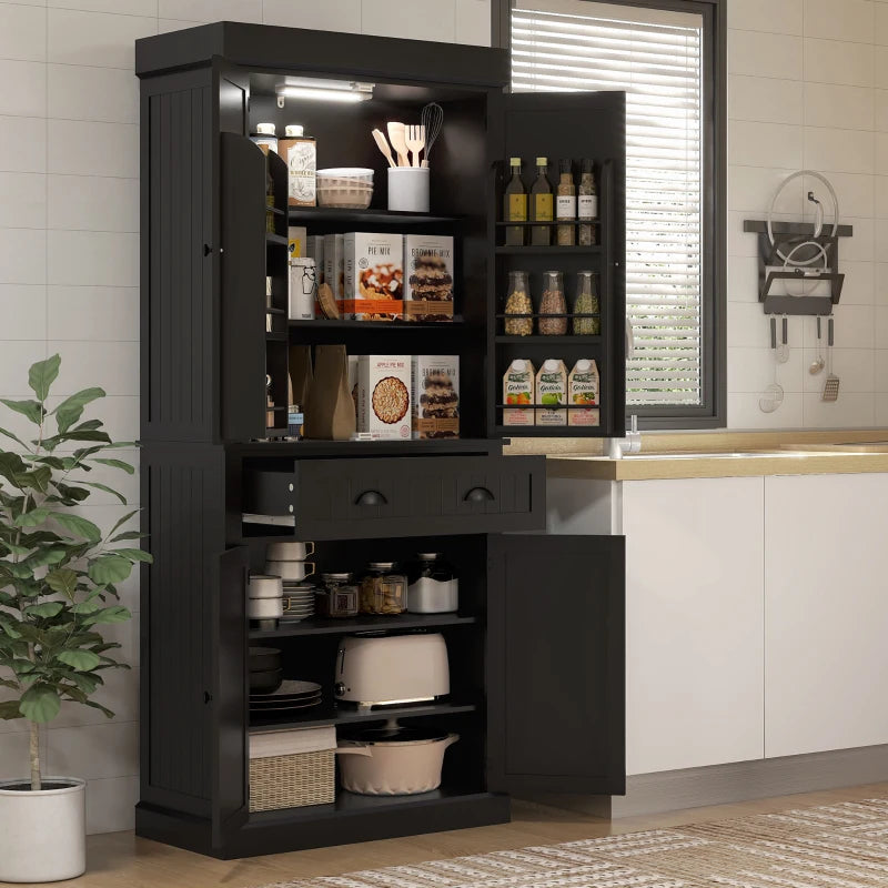 71" Kitchen Pantry Cabinet with LED Lights, 6 Spice Racks, a Drawer and 4 Adjustable Shelves, Black