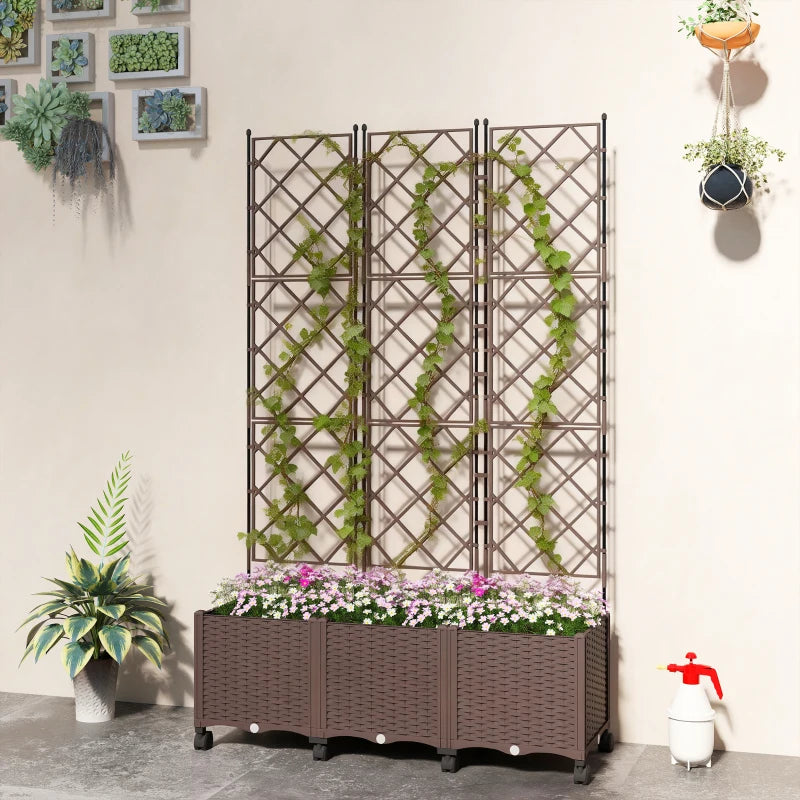 Plastic Raised Garden Bed with Trellis, Self Watering Planter Box with Wheels, Drainage Holes and Plugs