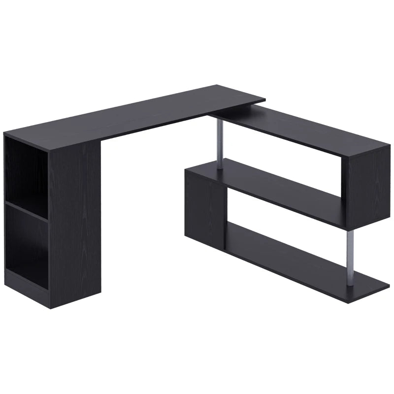 55" Corner Computer Desk, 360° Rotating L-Shaped Desk, Home Office Workstation with 3-Tier Shelves, Bookshelf, Black
