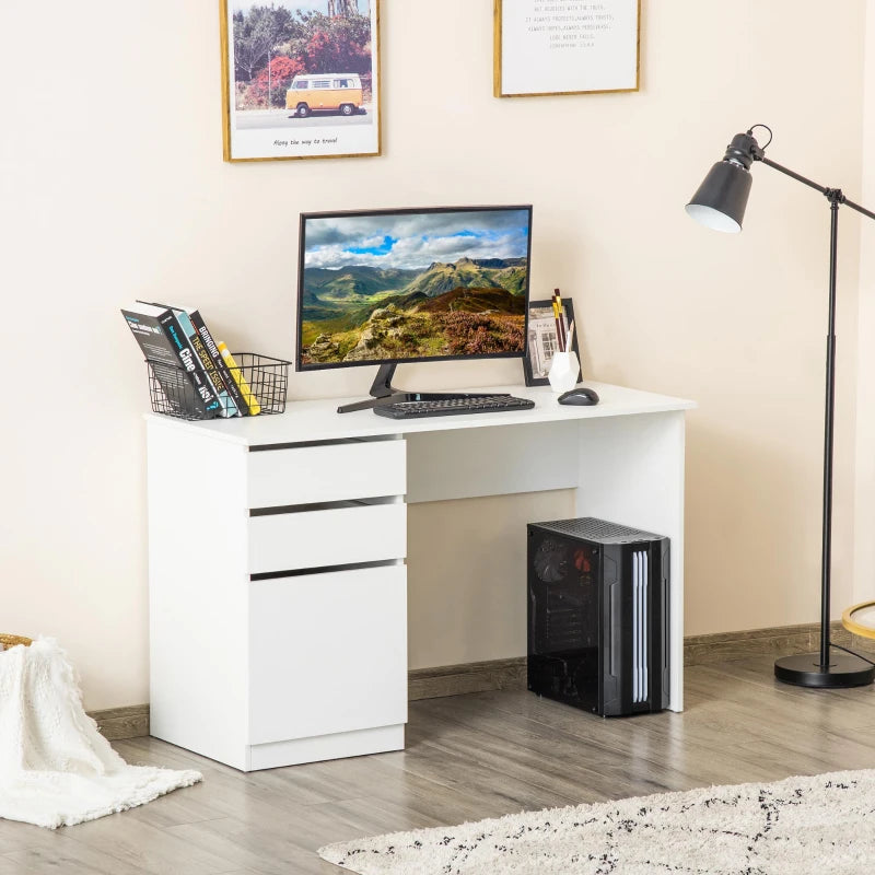 Modern Computer Desk, Home Office Desk for Study, Writing Workstation with Storage Drawer and Cabinet for Living Room, White