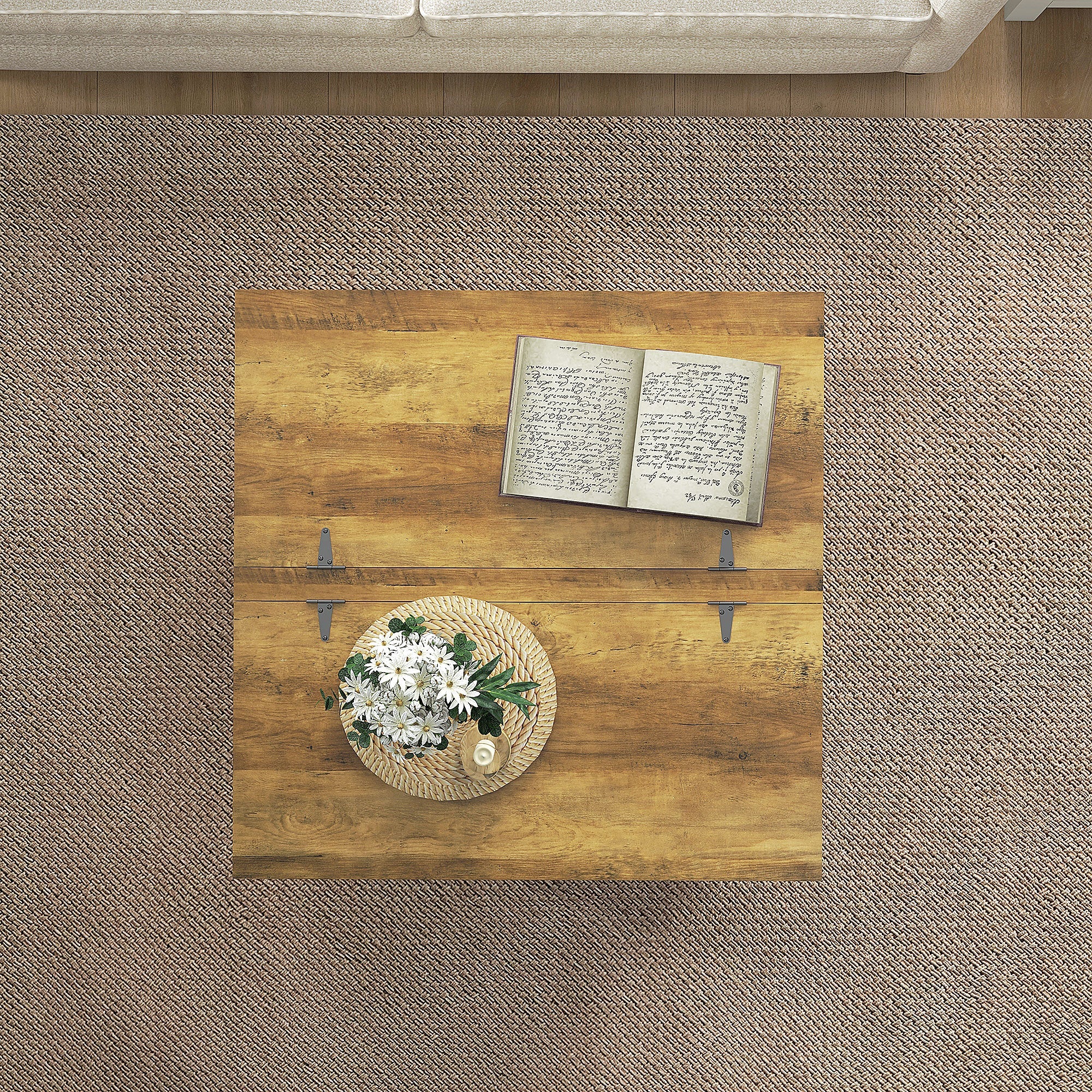 HOMCOM Antique White Farmhouse Coffee Table: Square Center Table with Flip-top Lids, Hidden Storage and Wooden Legs 