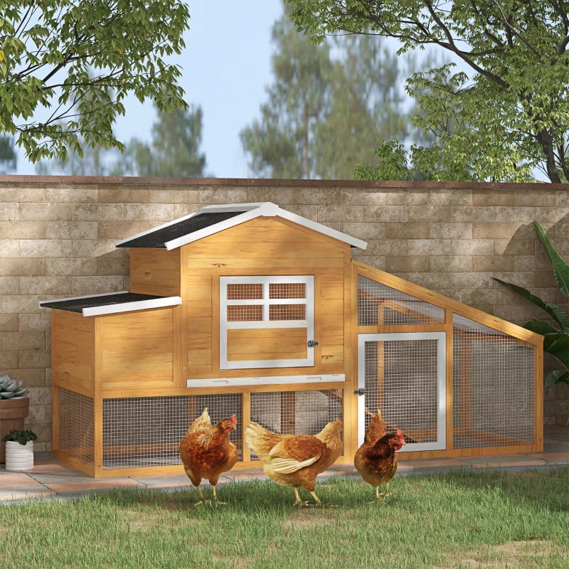 79" Wooden Chicken Coop, Outdoor Hen House, Poultry Habitat with Removable Tray, Nesting Box, Run, Ramp, Brown