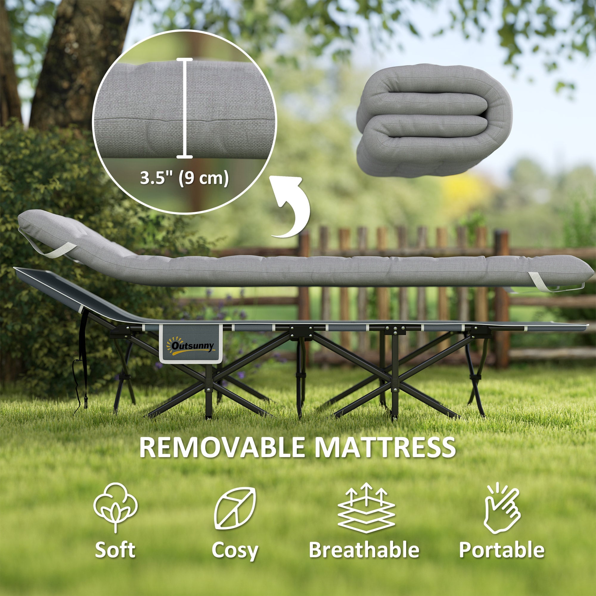 Outsunny 25.6" Wide Folding Bed, Camping Cot for Adults with Mattress, Carry Bag, Storage Pocket, Max Load 330 LBS, Light Grey 