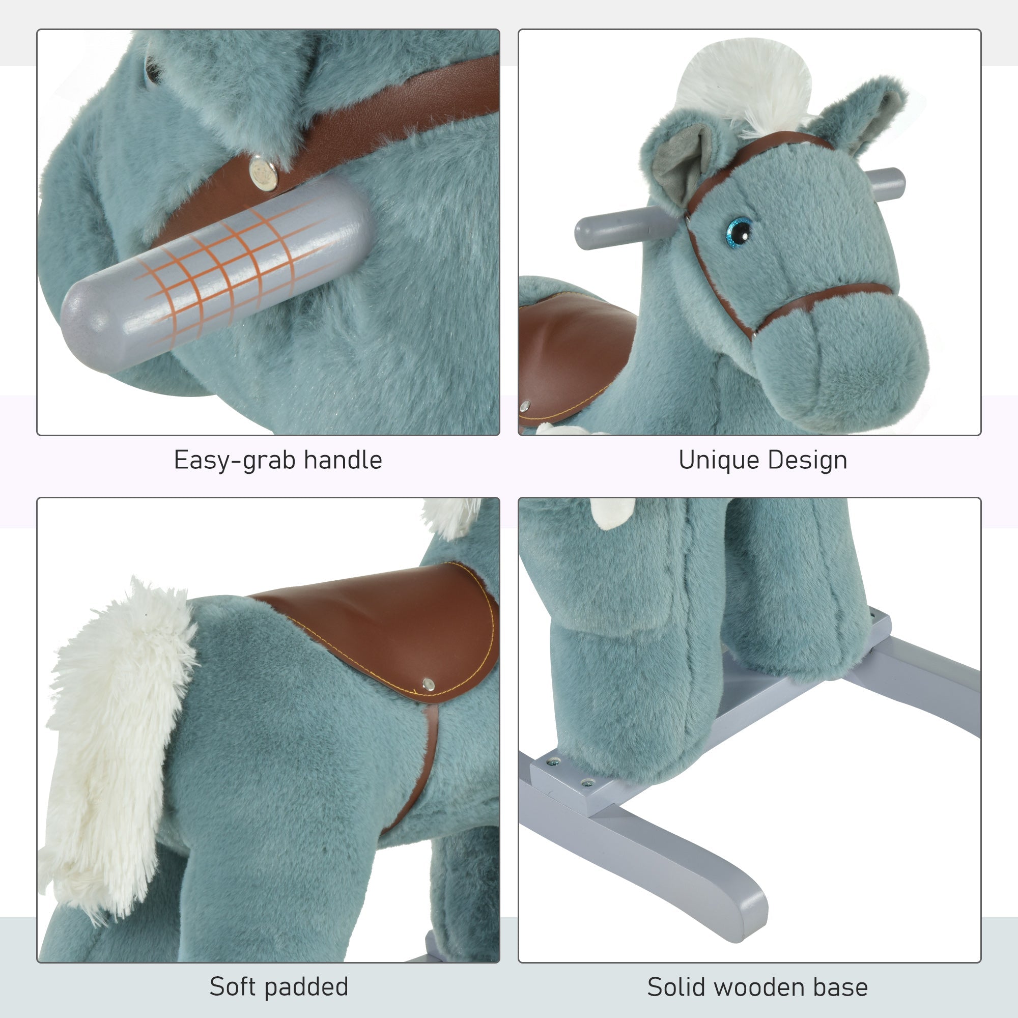 Qaba Toddler Rocking Horse - Blue Plush Ride-On Toy with Bear and Realistic Sounds for Kids 18-36 Months 