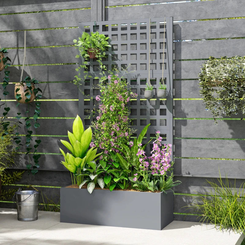 Galvanized Raised Garden Bed Planter Box with Trellis for Climbing Plant, Vegetable, Vine, 35"x16"x70" Grey Wood Effect