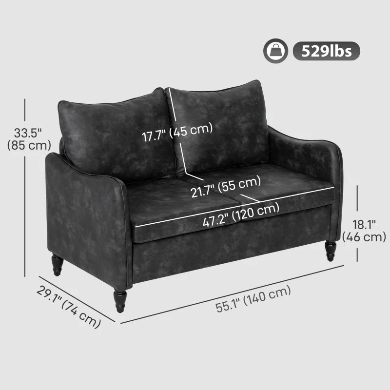 55" Loveseat Sofa, Small 2 Seater Couch with Solid Wood Legs, Modern PU Leather Upholstered Sofa for Small Spaces, Grey