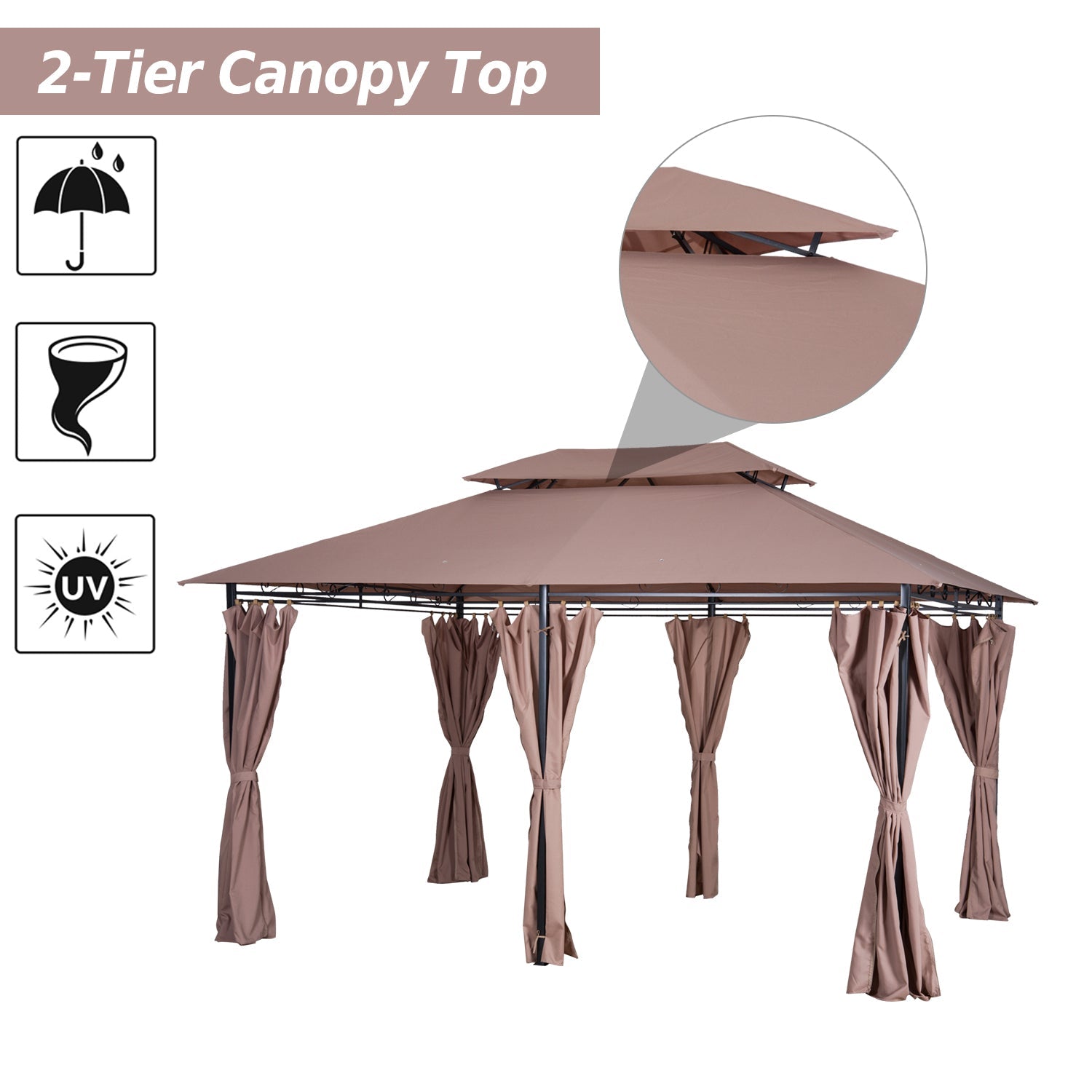Outsunny 13' x 10' Soft-top Patio Gazebo Garden 2-Tiers Canopy Yard Sunshade Shelter with Curtains Khaki 