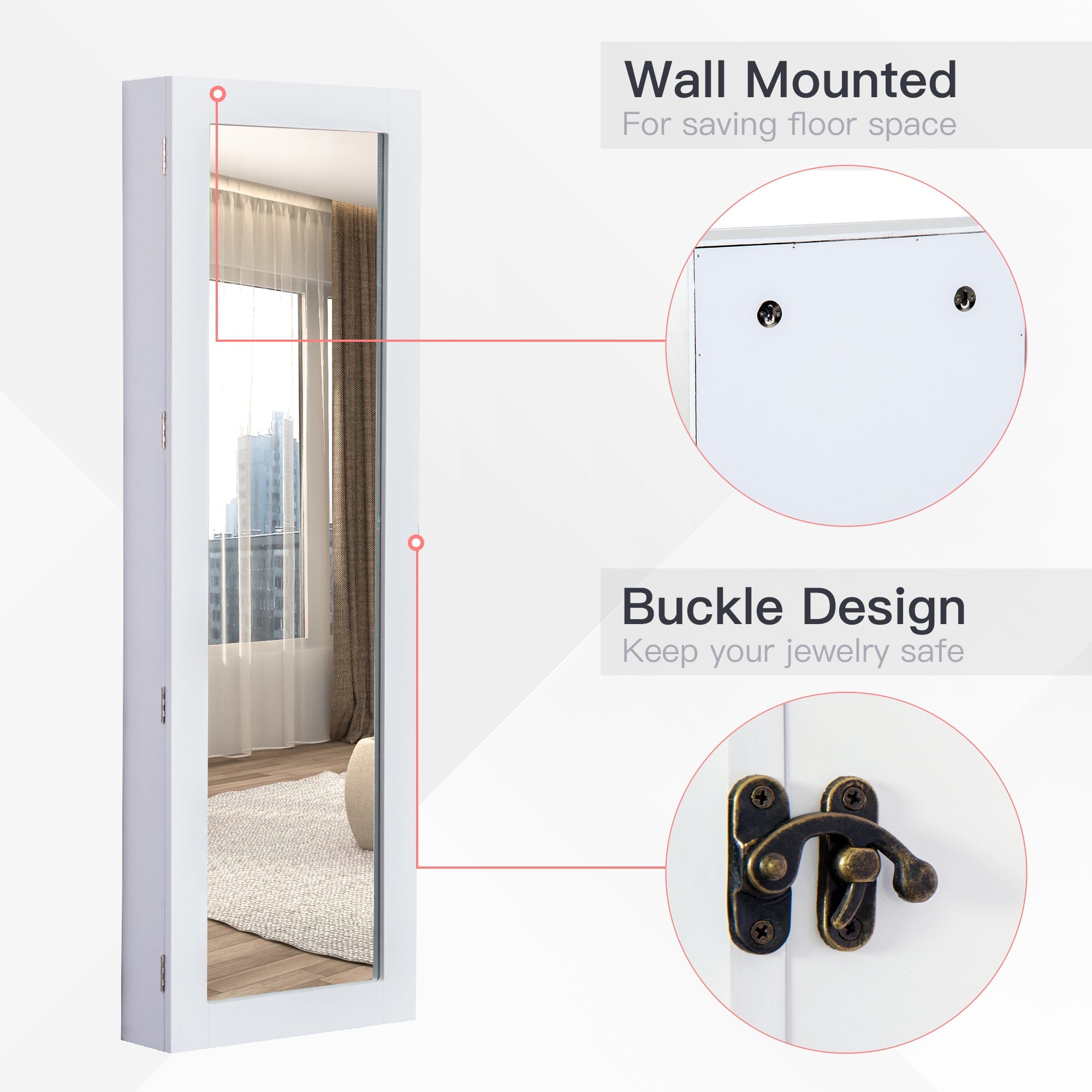 HOMCOM Wall-Mount Mirrored Jewelry Armoire: With Real Glass Mirror, Lockable Storage Organizer, White 