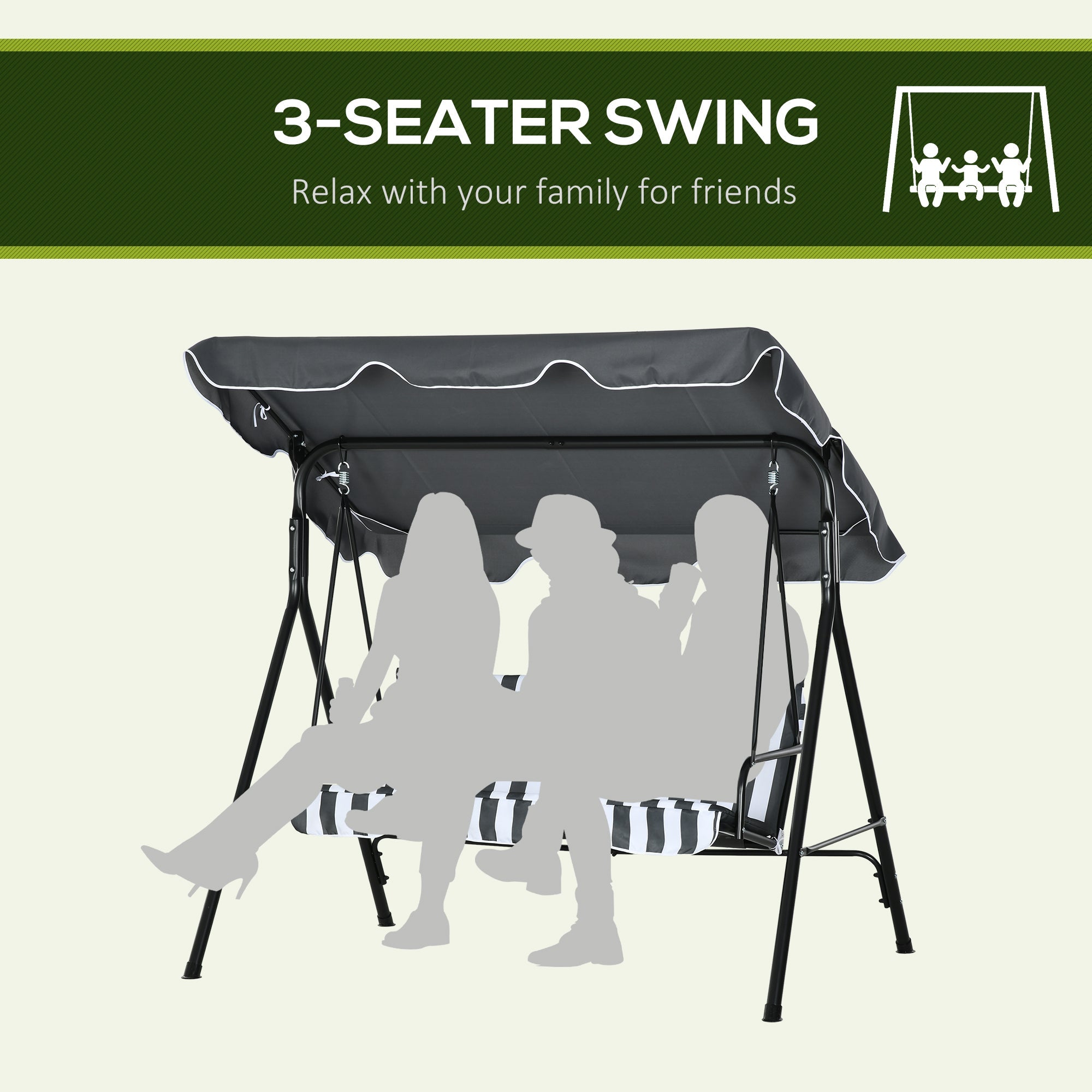 Outsunny 3-Seater Outdoor Porch Swing with Adjustable Canopy Shade: Patio Swing Chair for Garden Poolside Backyard Grey and White 