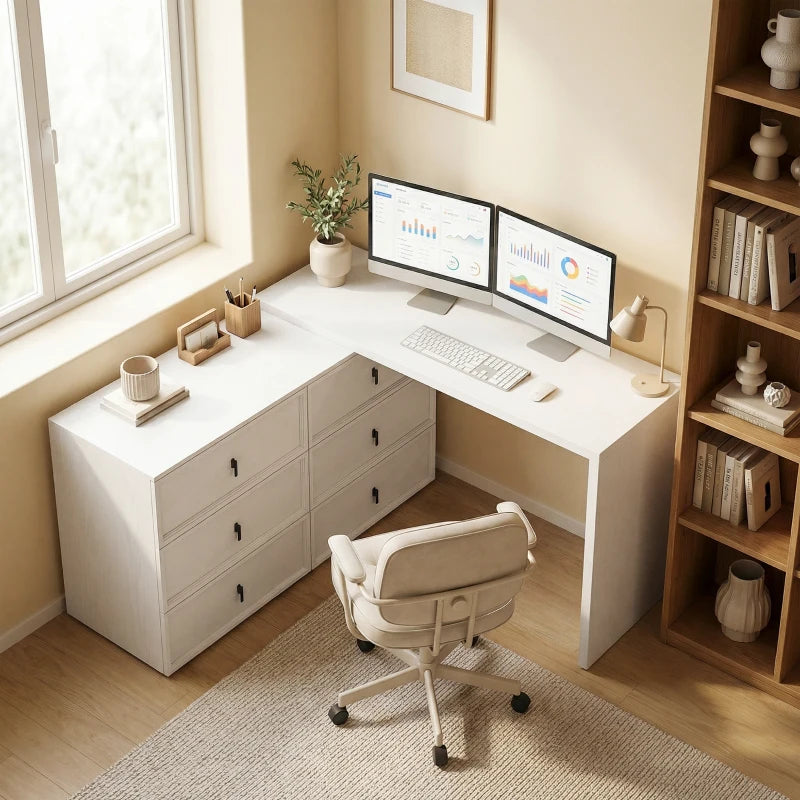 L Shaped Computer Desk Home Office Desk with 6 Drawers White Wood Grain