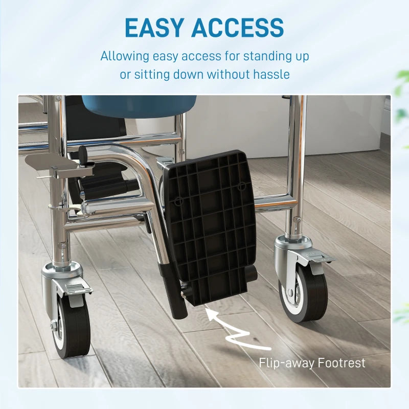 Rolling Shower Chair, Bedside Commode Chair with Wheels, Backrest, Arms, Flip Footrests for Seniors, Disabled, Grey