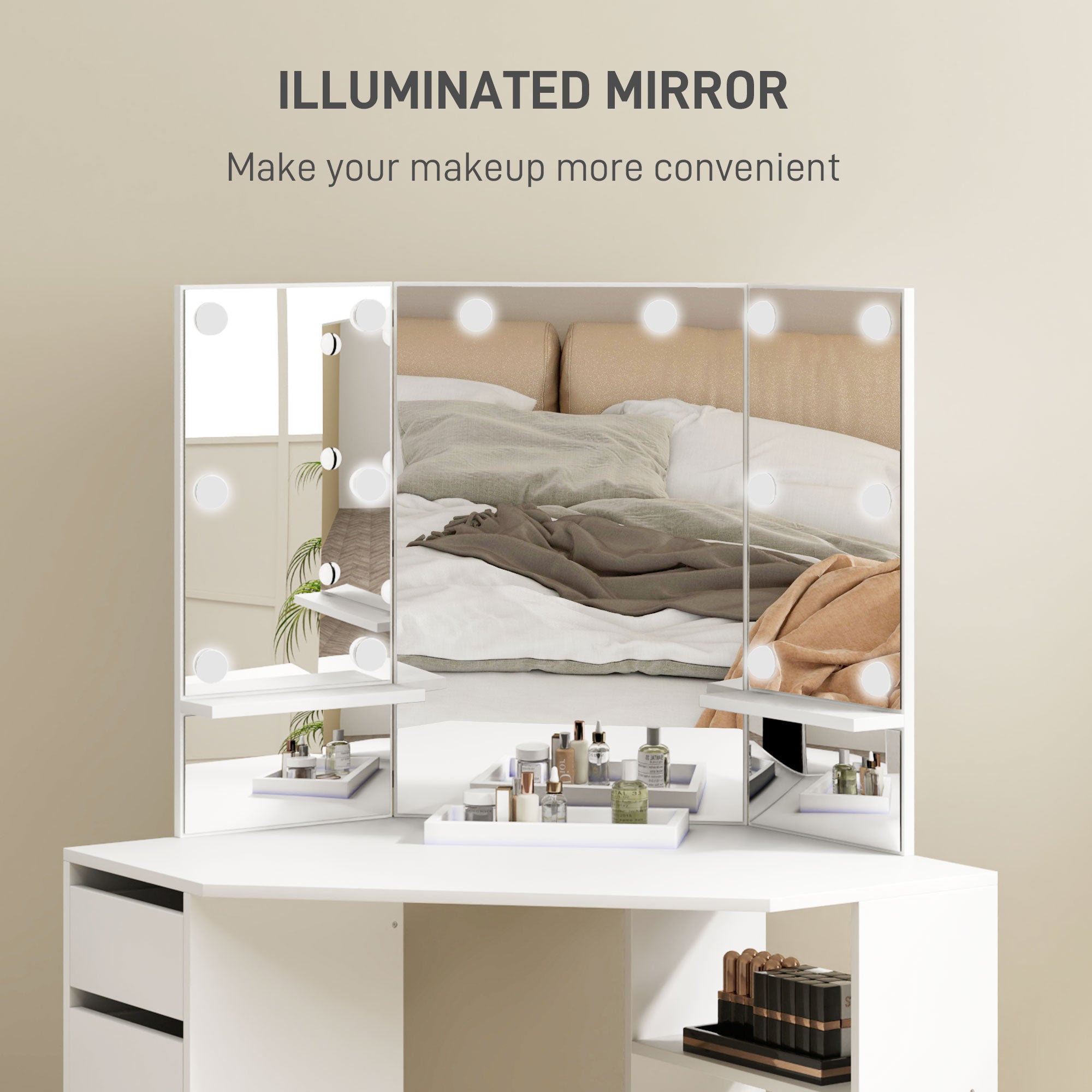 HOMCOM Makeup Vanity Desk with 3-Panel Mirror and 10 LED Lights, Dressing Table with 5 Drawers and Shelves for Bedroom, White 